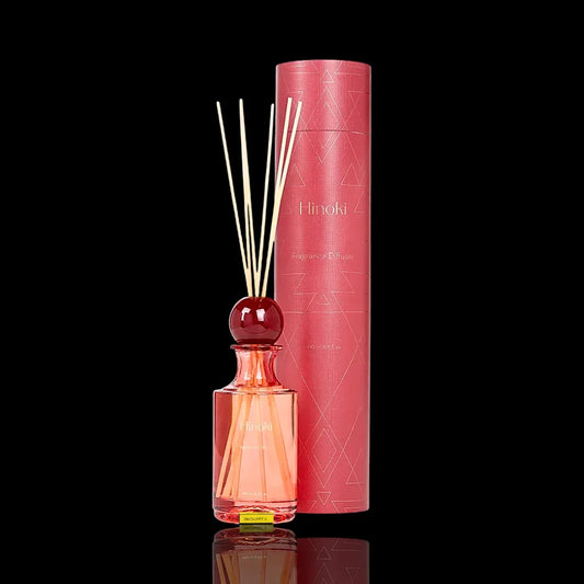 Hinoki fragrance diffuser with pink glass bottle and matching gift box on black background