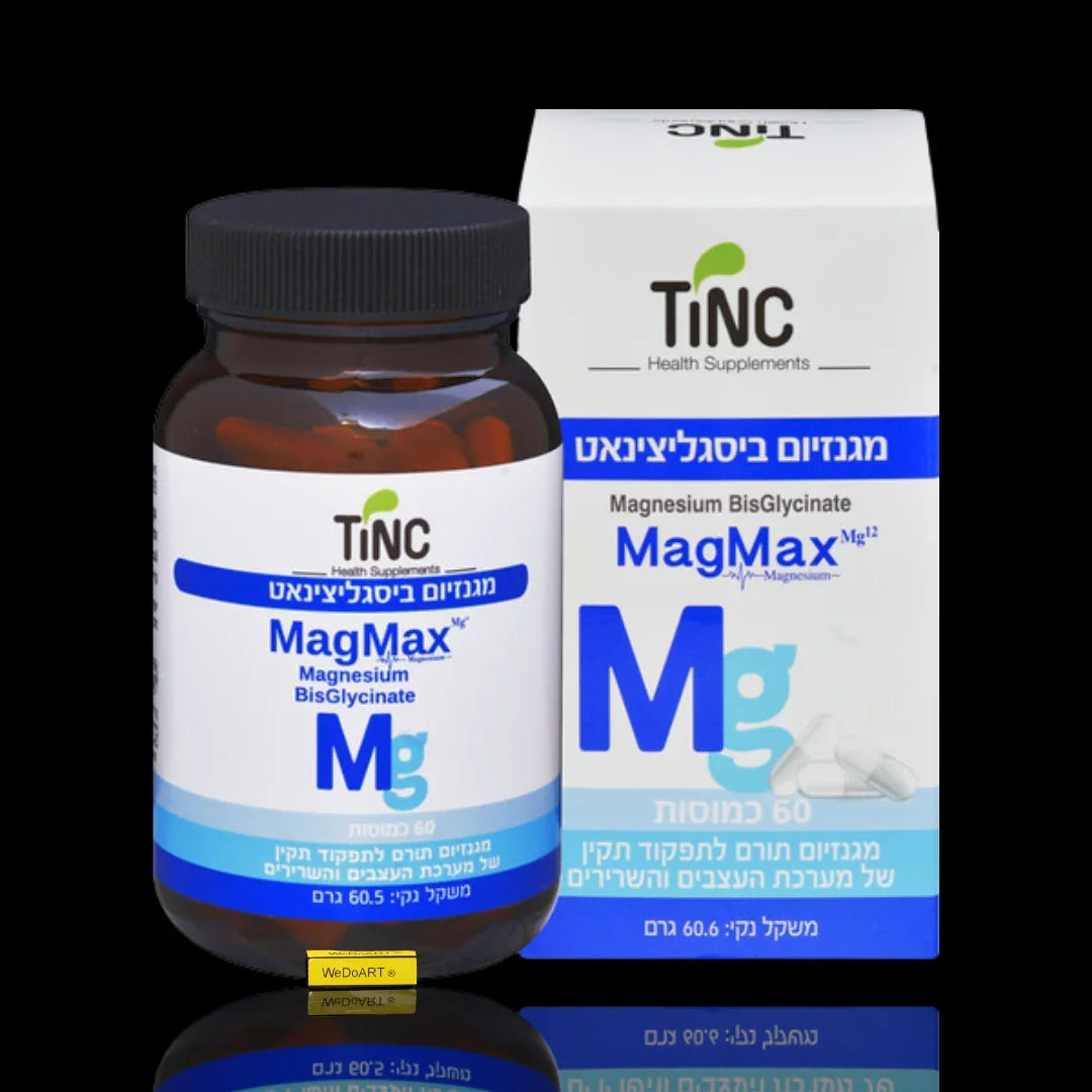 TiNC MagMax Magnesium BisGlycinate supplement bottle and box, 60 capsules for health support
