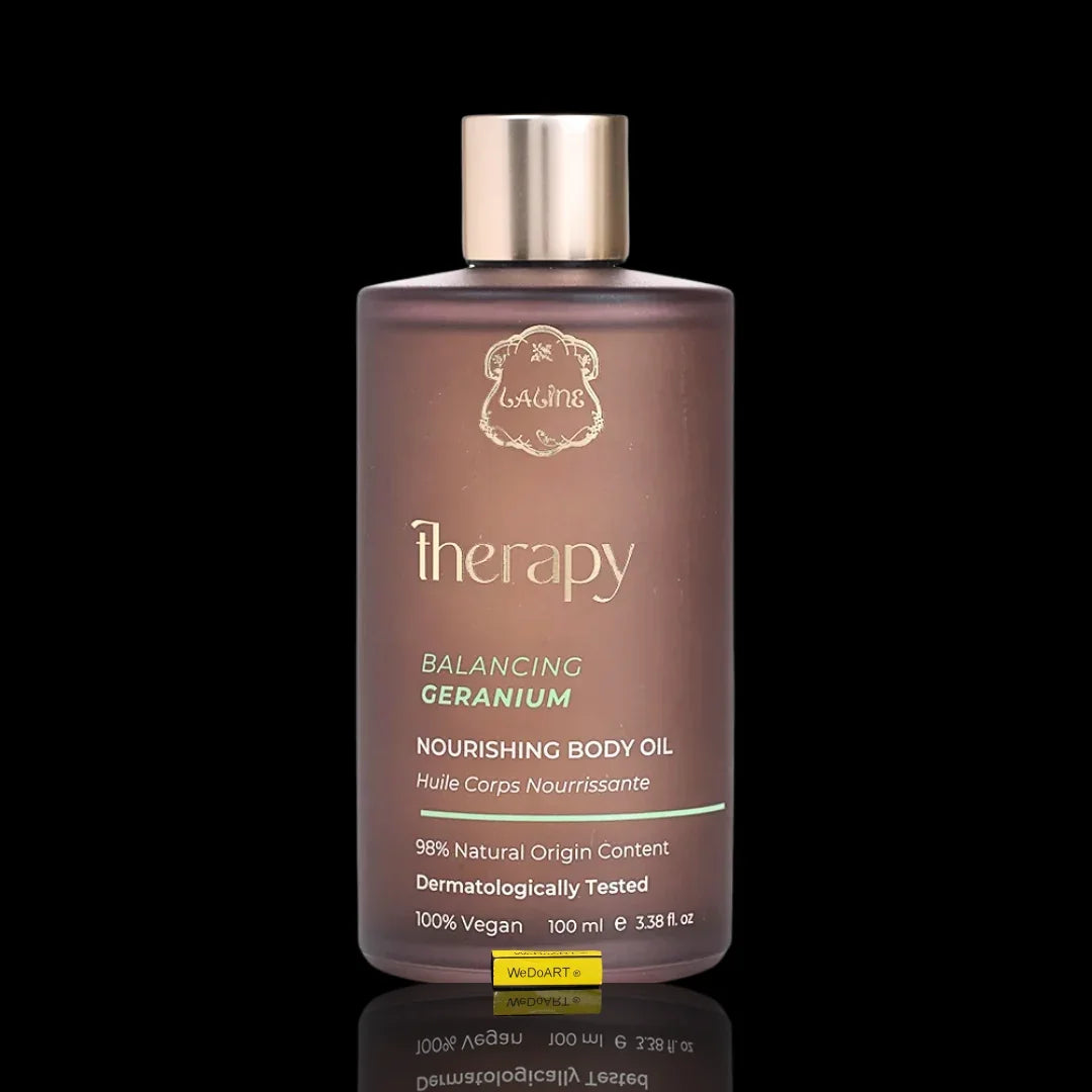 Therapy Balancing Geranium Nourishing Body Oil bottle on a black background