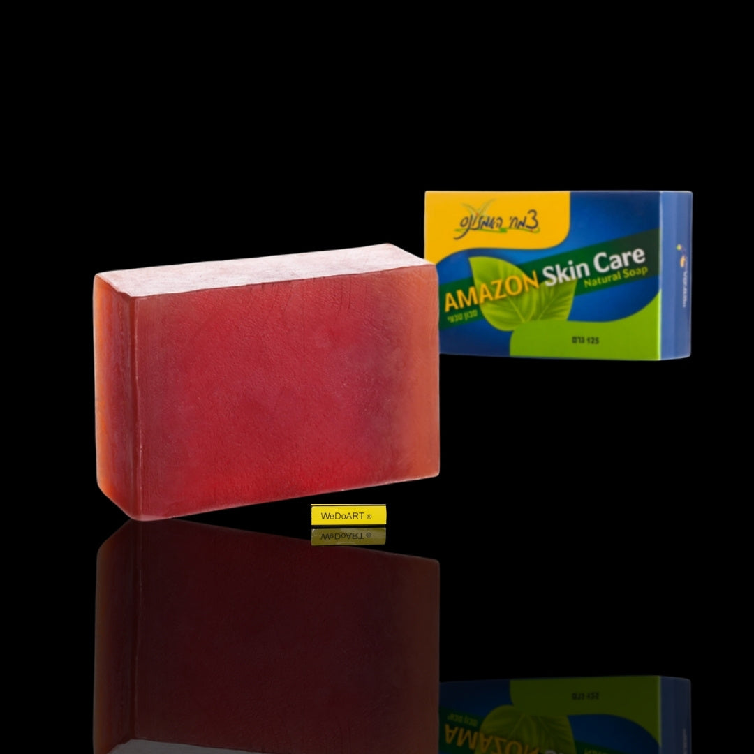 Alchymist Amazon skin care soap box and natural soap bar on a dark WEDOART-IL background