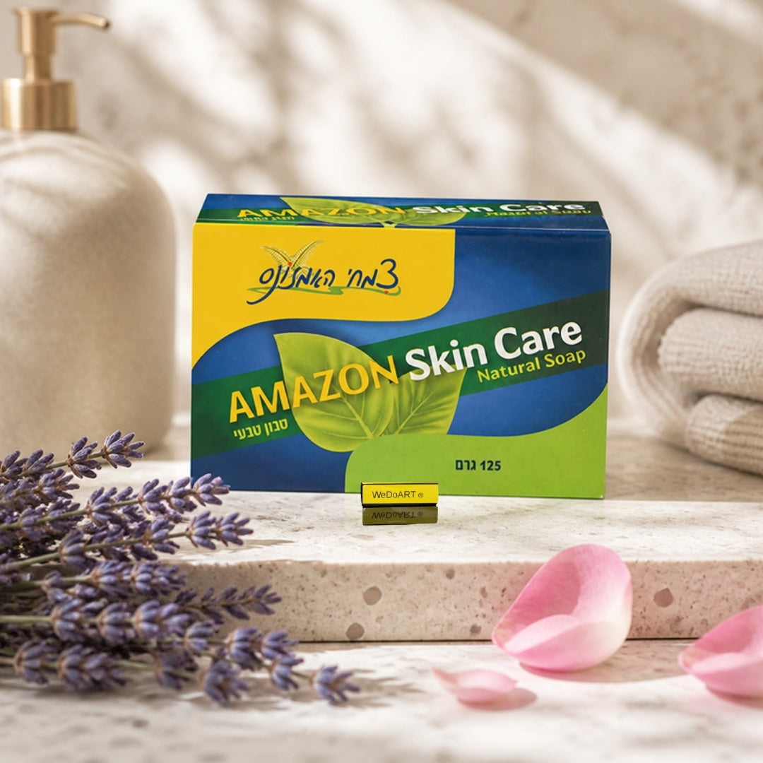 Alchymist Amazon skin care soap box on a terrazzo washstand with dried lavender and rose petals