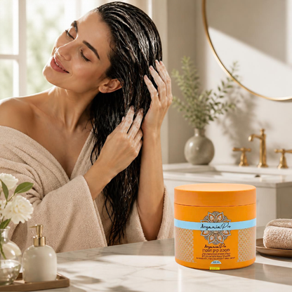 Argania Castor Saffron Hair Mask jar shown with creamy mask texture and hair care styling