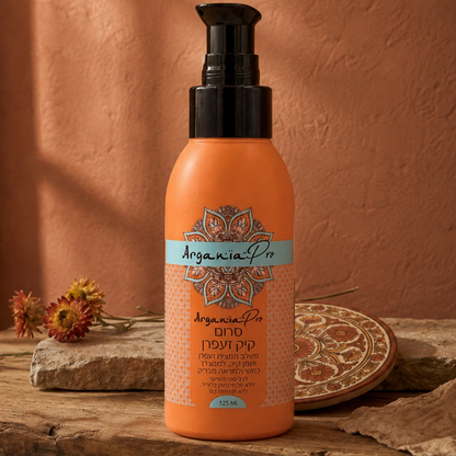 Orange Argania Pro serum bottle on a stone ledge beside dried flowers and a decorative plate