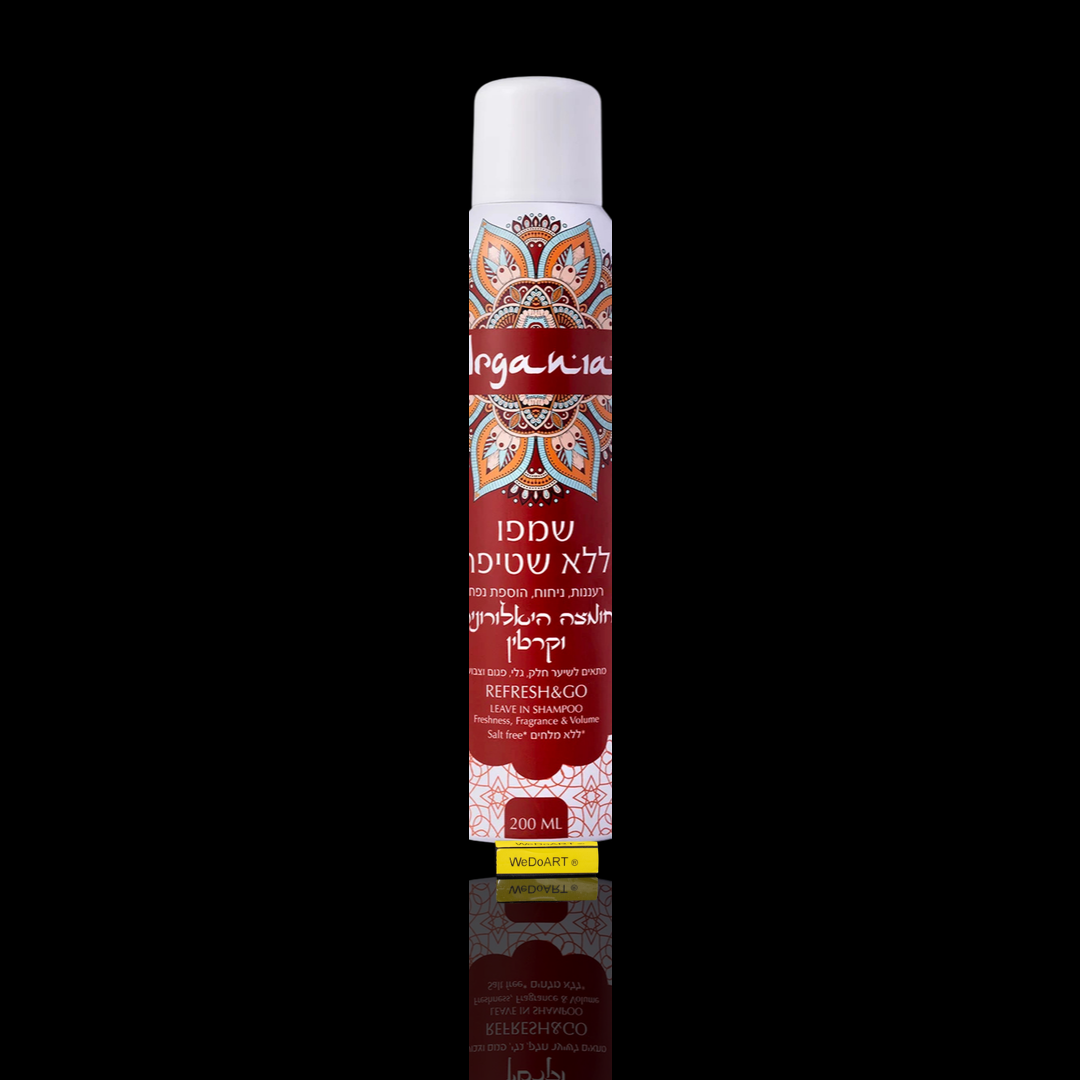 Argania no-rinse dry shampoo with hyaluronic acid and keratin, 200 ml red and white aerosol can with a mandala pattern