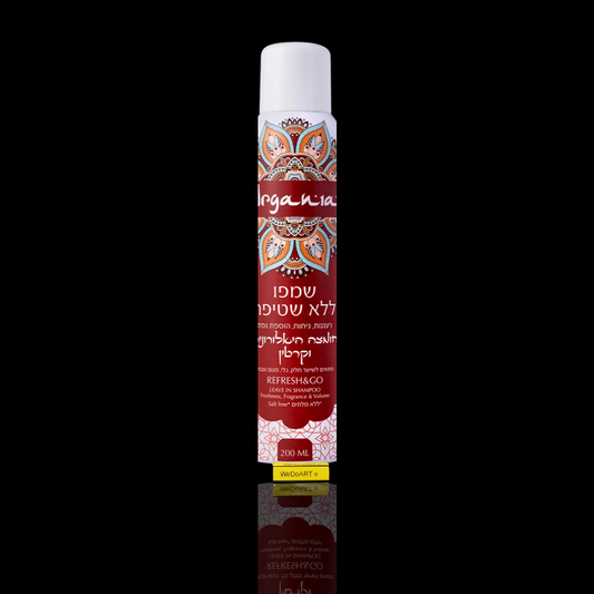 Argania no-rinse dry shampoo with hyaluronic acid and keratin, 200 ml red and white aerosol can with a mandala pattern