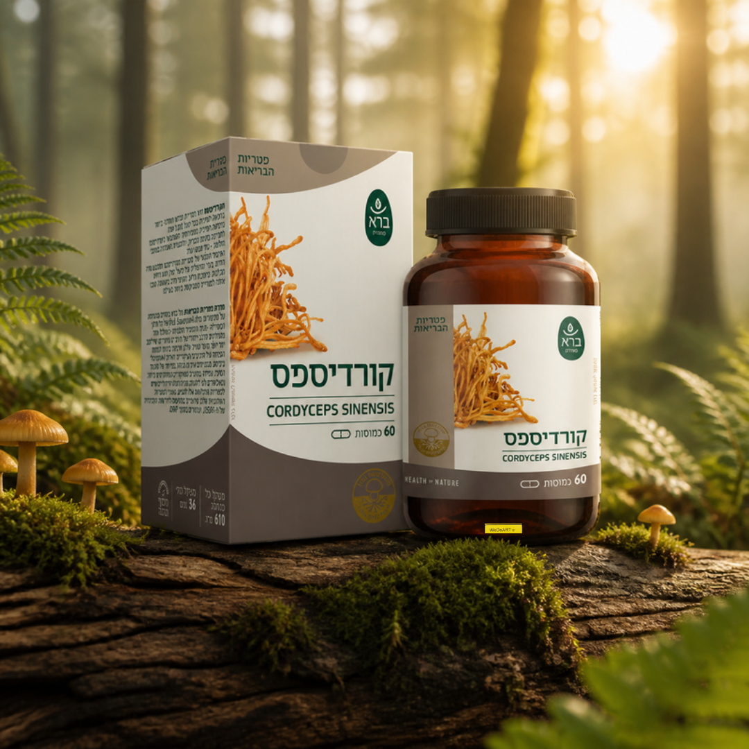 Bara Herbs Cordyceps Sinensis capsules bottle and box on a mossy log in a misty forest with golden mushrooms