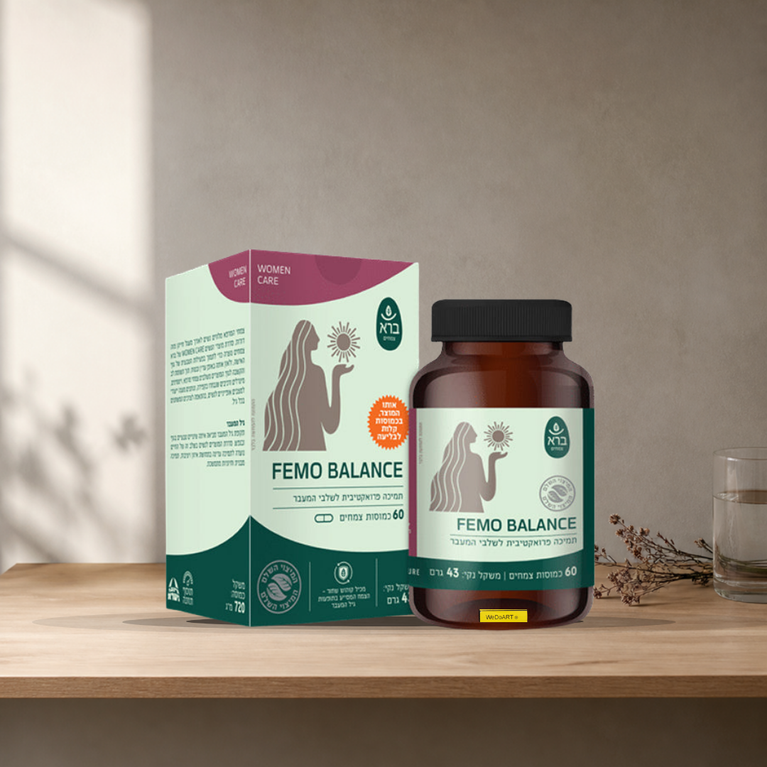 Bara Herbs Femo Balance capsules box and bottle on a light oak shelf with dried herbs and a glass of water