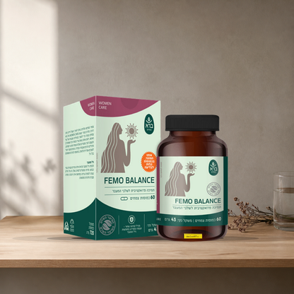 Bara Herbs Femo Balance capsules box and bottle on a light oak shelf with dried herbs and a glass of water