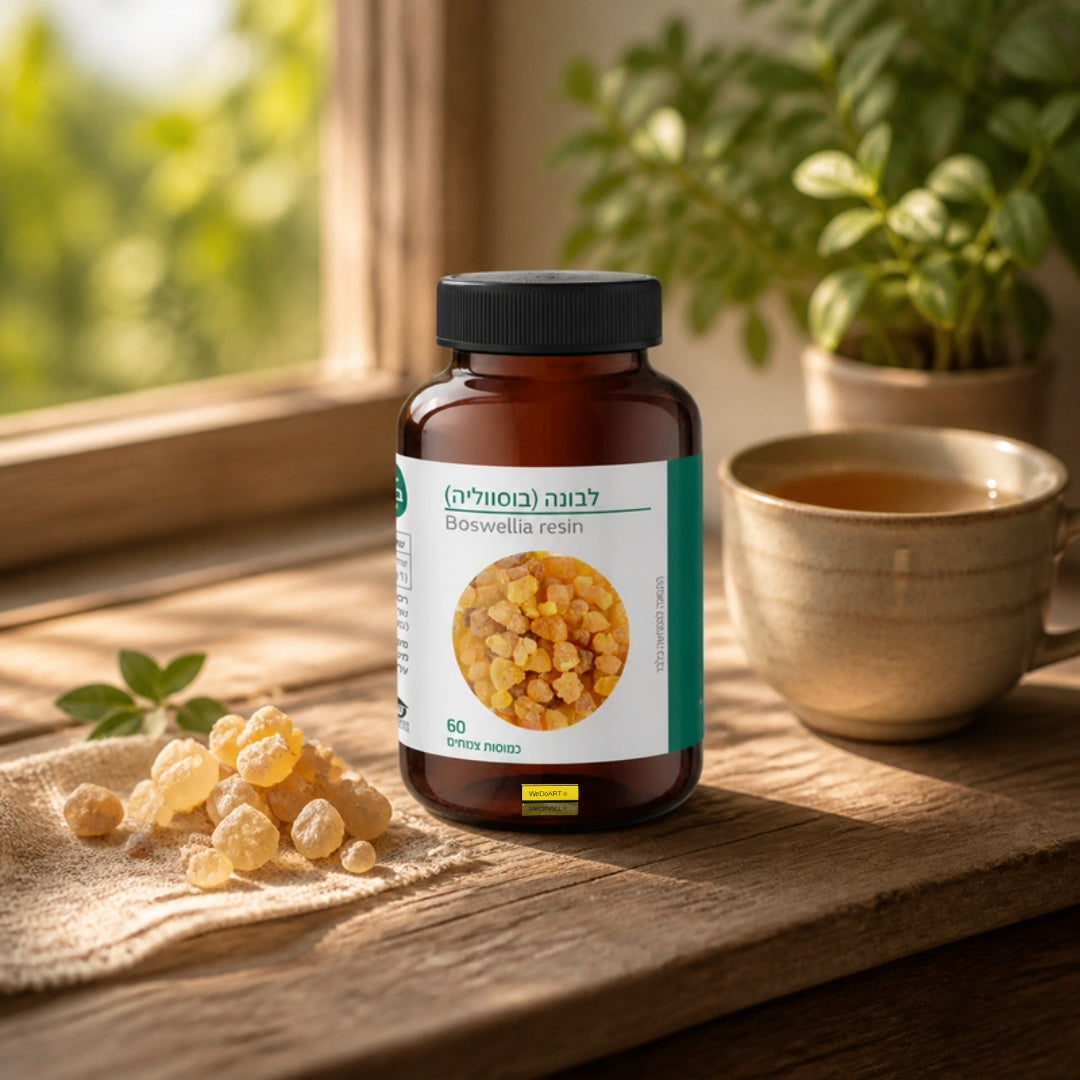 Bara Herbs Boswellia resin capsules on a sunlit wooden windowsill with resin tears and herbal tea