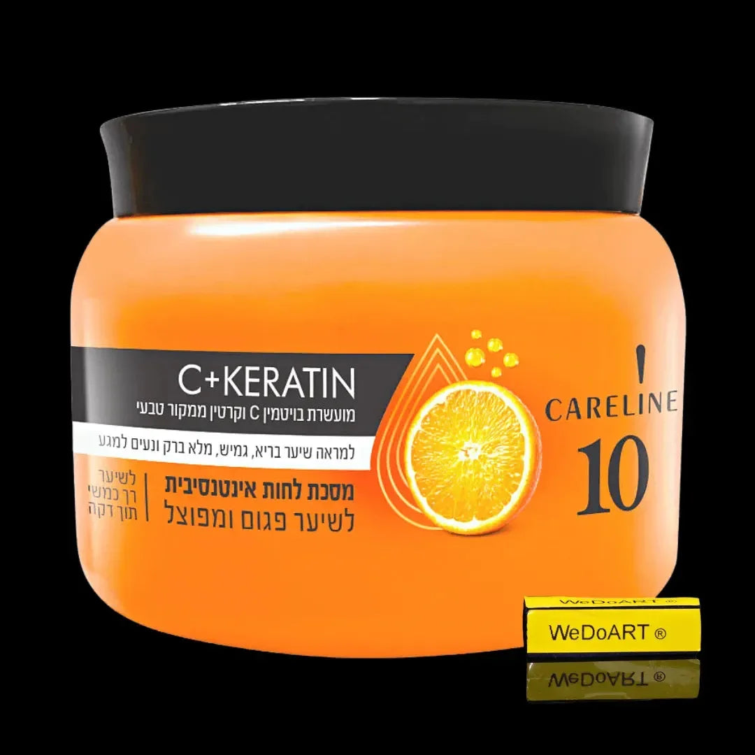 Careline 10 orange hair mask jar with vitamin C and keratin label on a black background with a yellow WEDOART badge