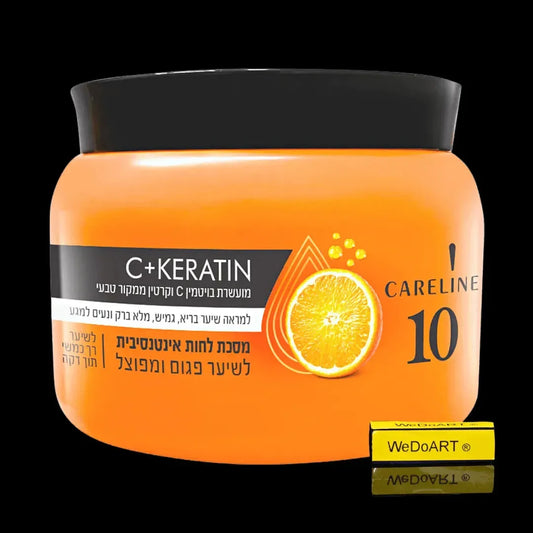 Careline 10 orange hair mask jar with vitamin C and keratin label on a black background with a yellow WEDOART badge