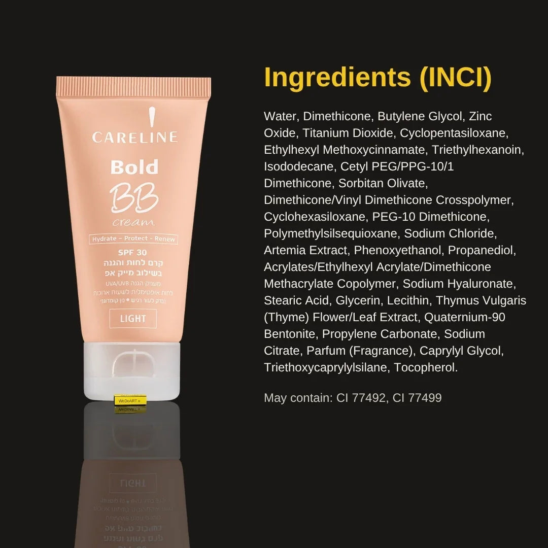 Careline Bold BB Cream SPF 30 Light 50 ml tube beside its full ingredient list, on a dark background with reflection and WEDOART-IL tag