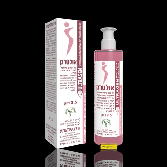 Dan Pharm ULTRAGEN intimate wash 270 ml pink pump bottle beside its white carton