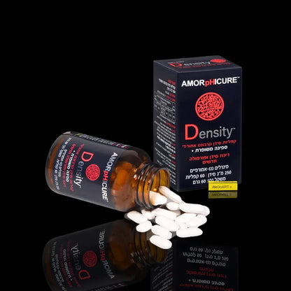 AMORPHICAL Density bottle lying on its side with white calcium caplets spilled beside the box