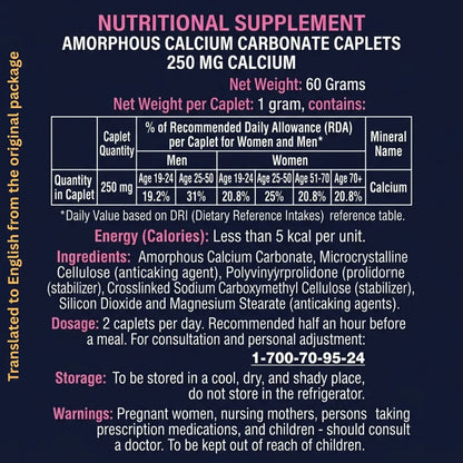 Supplement facts and ingredient label for AMORPHICAL Density amorphous calcium carbonate caplets