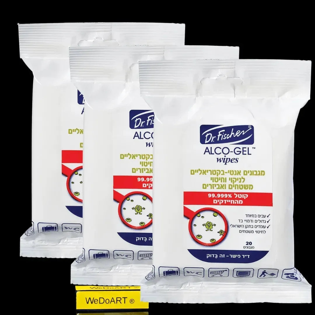 ALCO GEL wipes by Dr. Fischer, front view of the 3x20 set of 60 wipes