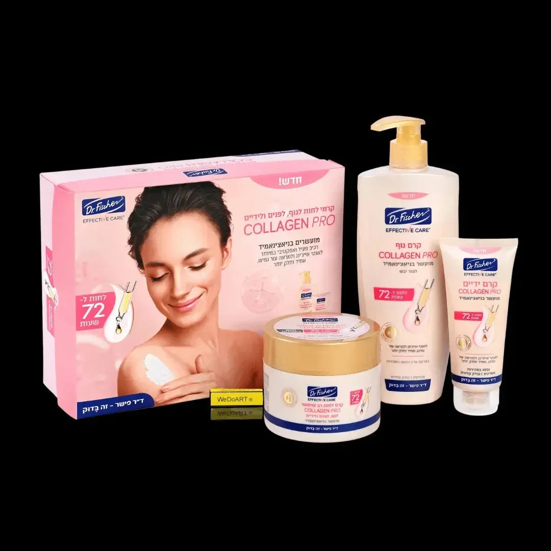 Dr. Fischer Effective Care Pro collagen skincare set box with body cream, moisturizer, and hand cream
