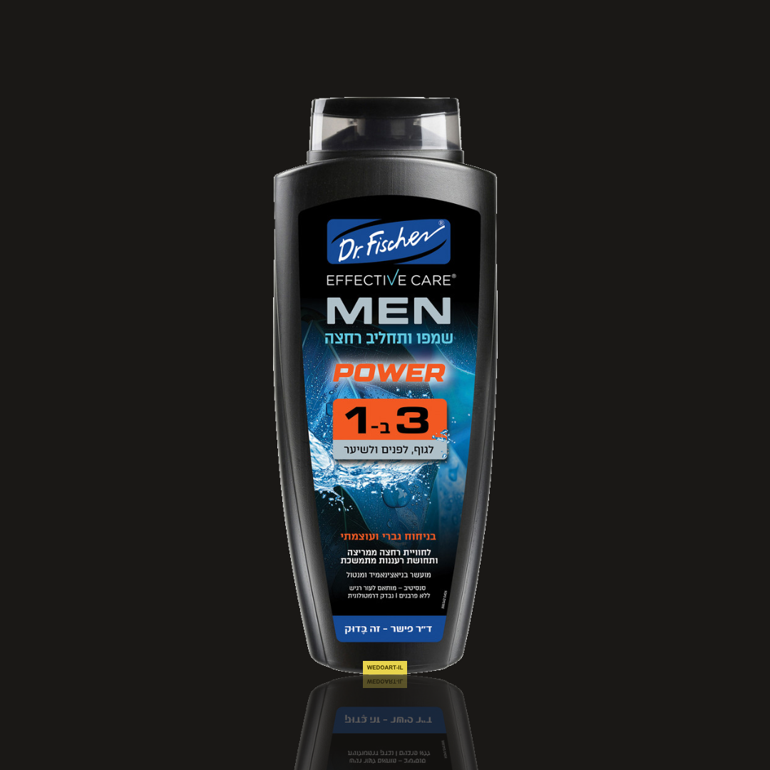 Dr. Fischer Effective Care MEN Power 3-in-1 shampoo and body wash 700 ml bottle on a black background