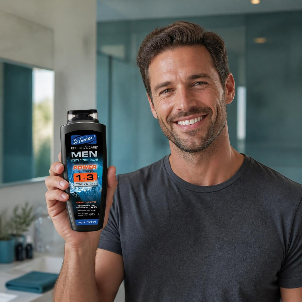 Man smiling in a bathroom holding the Dr. Fischer Effective Care MEN Power 3-in-1 shampoo and body wash 700 ml bottle