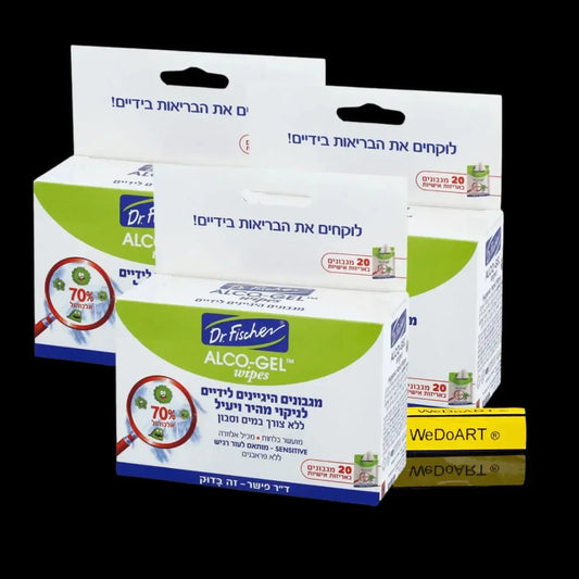 ALCO GEL hand wipes by Dr. Fischer, front of the 60 unit box with three packs of 20