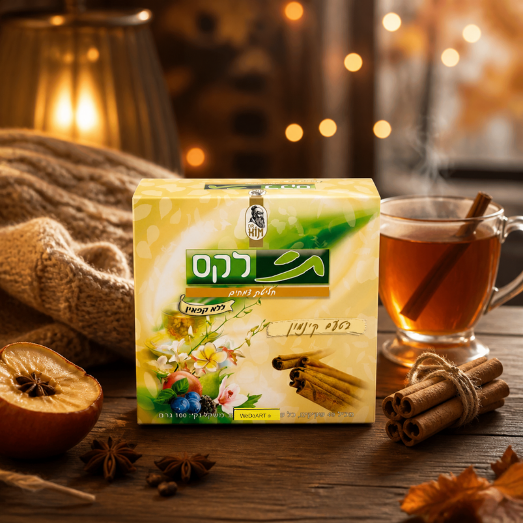 Tealax Cinnamon tea box beside a steaming cup, cinnamon sticks and baked apple on an autumn kitchen island