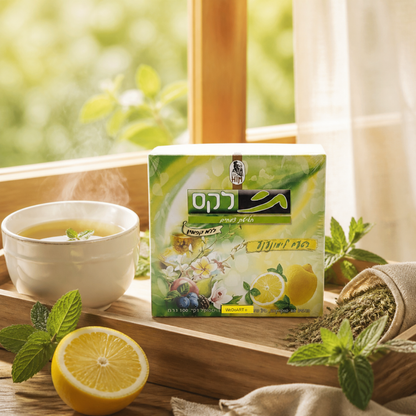 Dr. Kim Natural Tealax lemon-mint box on a sunlit windowsill tray beside a cup of herbal infusion, mint and lemon