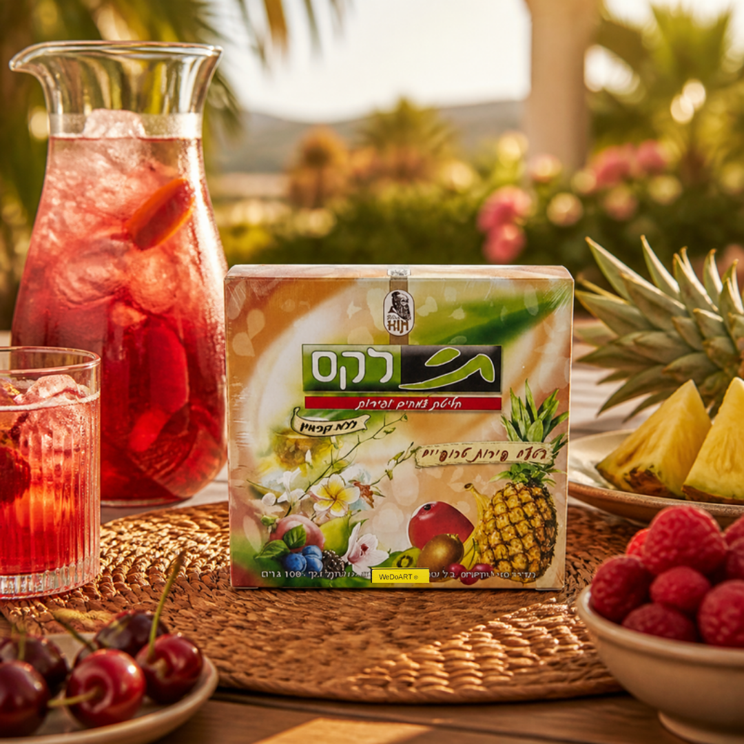 Dr. Kim Natural Tealax tropical fruit box on a sunny terrace table beside iced fruit infusion, pineapple and berries