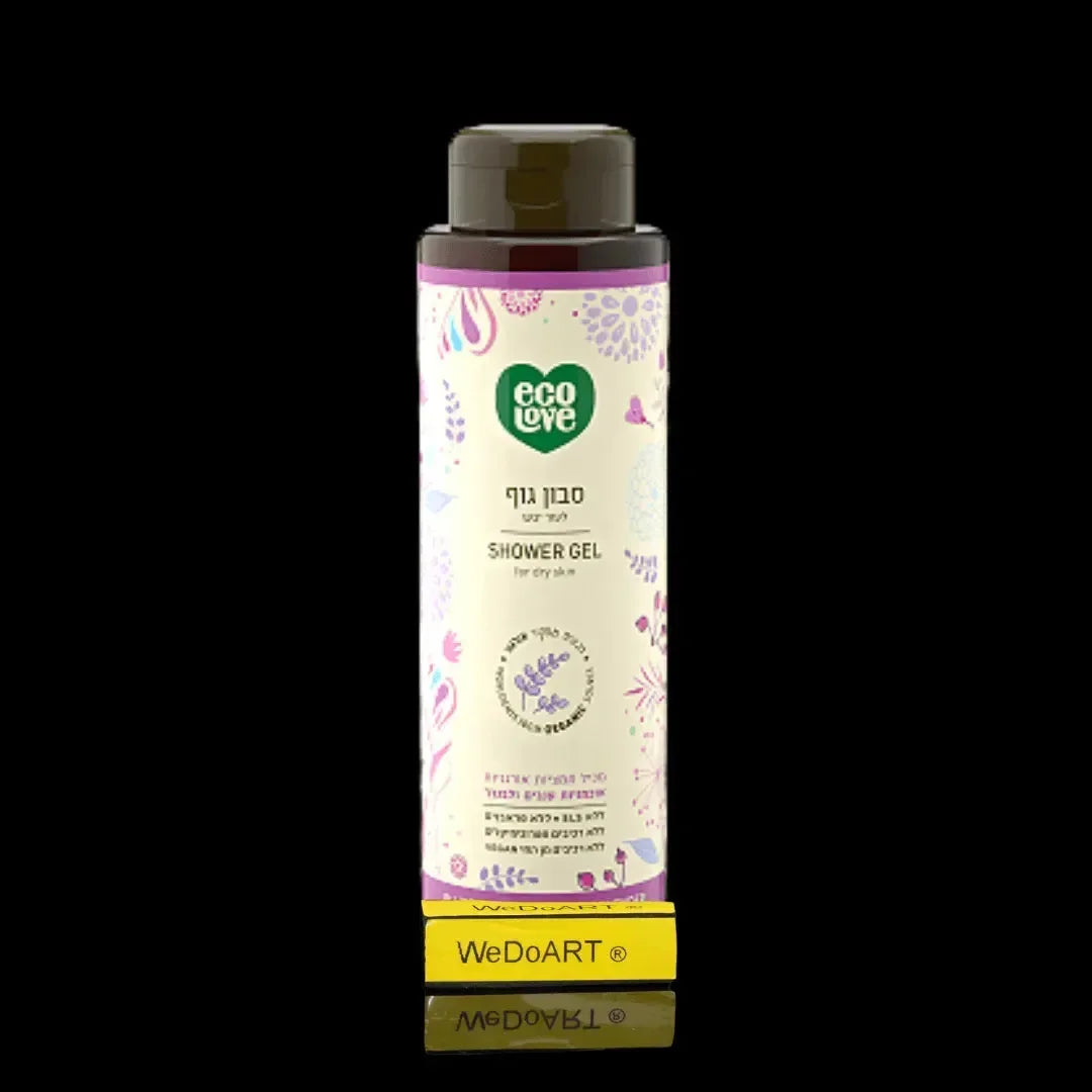 Eco Love purple collection shower gel for dry skin, 500 ml bottle with a dark cap, cream floral label, and green heart logo