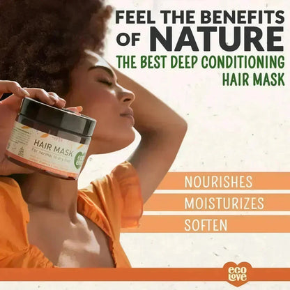 Woman in an orange top holding the Eco Love hair mask jar beside a nature-themed banner