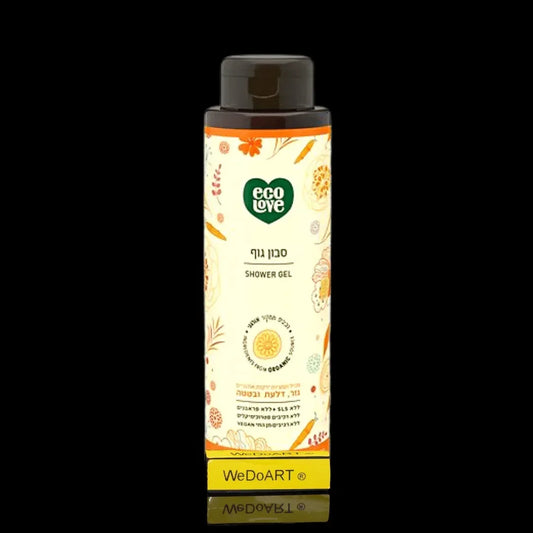 Eco Love orange collection shower gel bottle, 500 ml, with a dark cap, cream floral label, and green heart logo