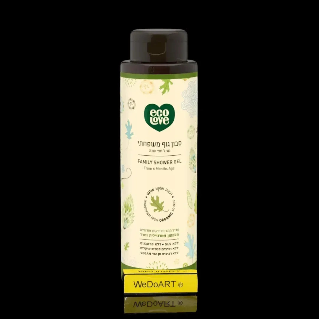 Eco Love green collection family shower gel bottle, 500 ml, with a dark cap, cream floral label, and green heart logo