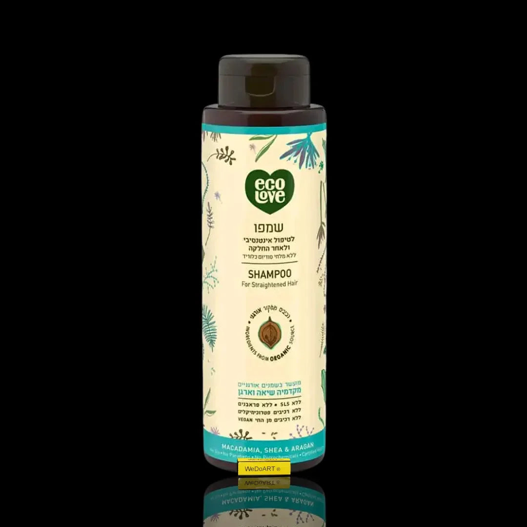 Eco Love shampoo for straightened hair, 500 ml bottle with a black cap and a cream botanical label with teal bands