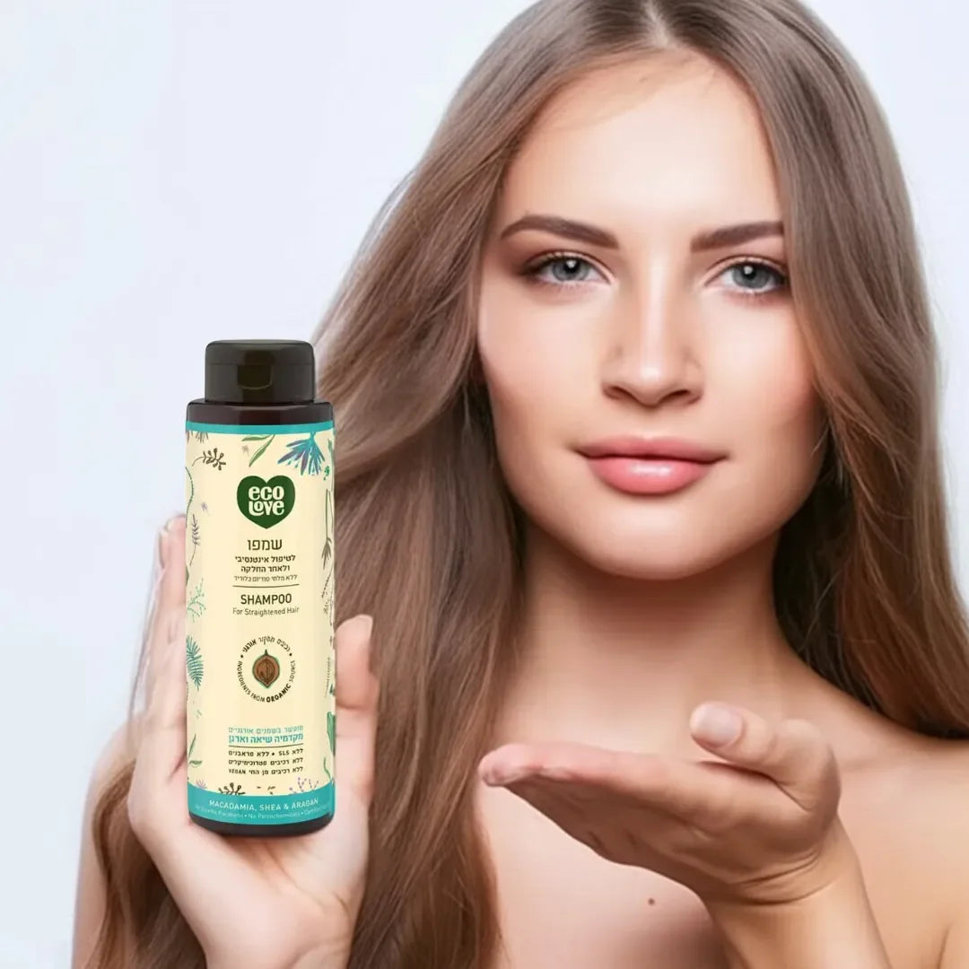 Woman with long, straight, glossy light brown hair holding an Eco Love shampoo bottle