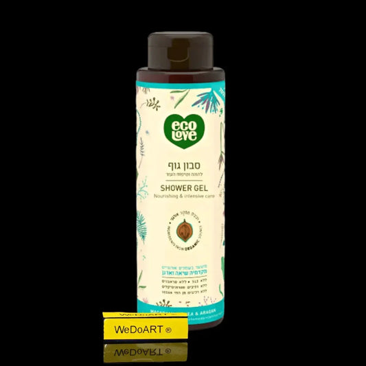 Front of the Eco Love Nuts Collection shower gel bottle, 500 ml, with a cream label and green heart logo