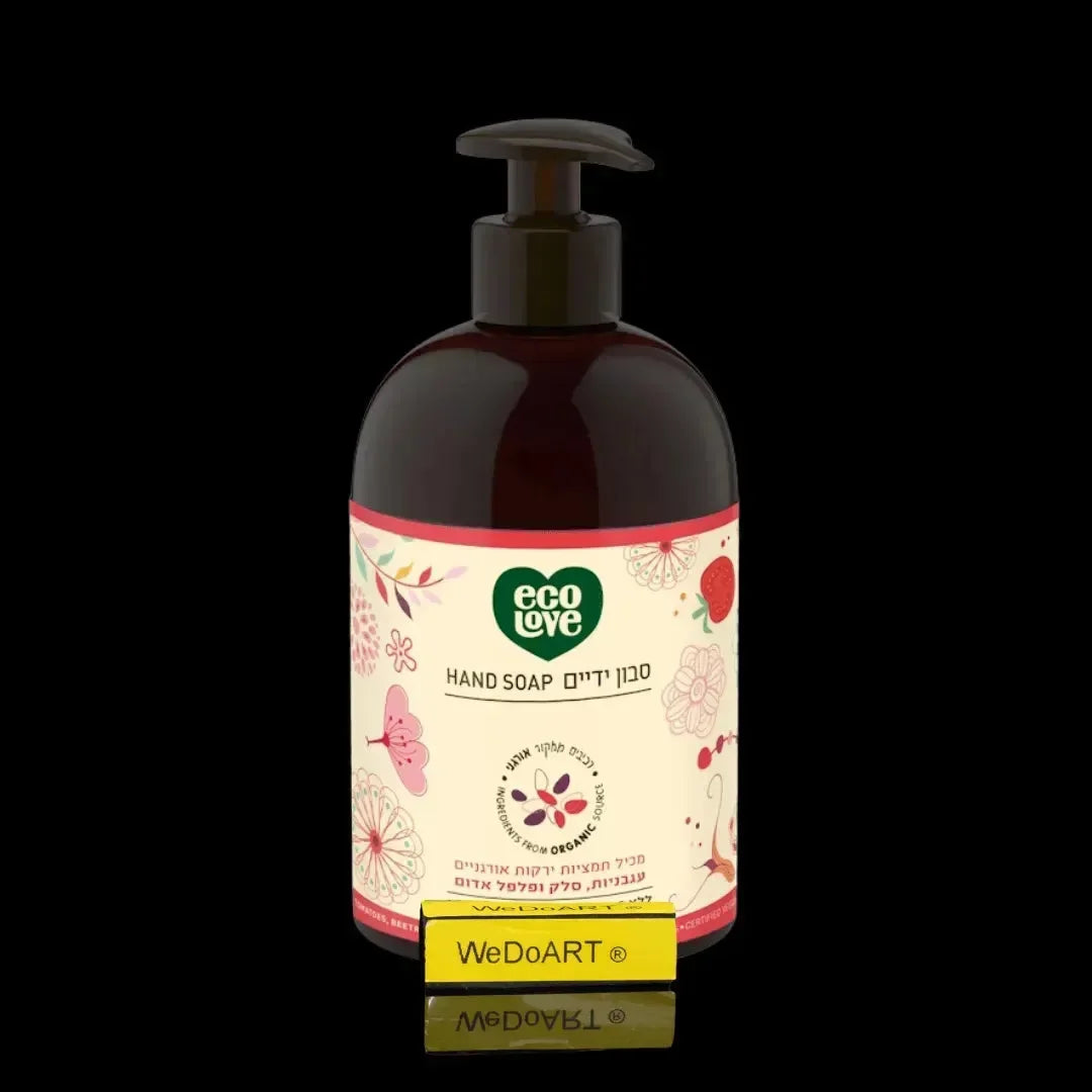 Eco Love red collection hand soap bottle, 500 ml, with a pump and a cream floral label