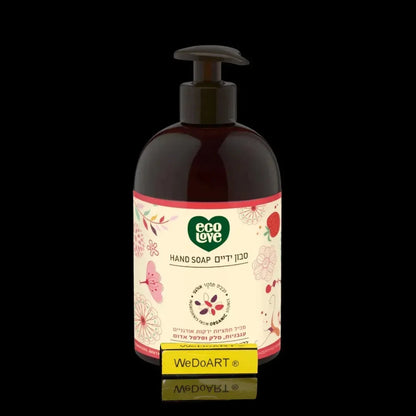 Eco Love red collection hand soap bottle, 500 ml, with a pump and a cream floral label