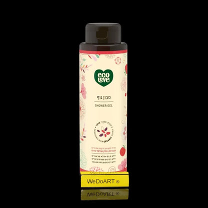 Eco Love red collection shower gel bottle, 500 ml, with a dark cap, cream floral label, and green heart logo