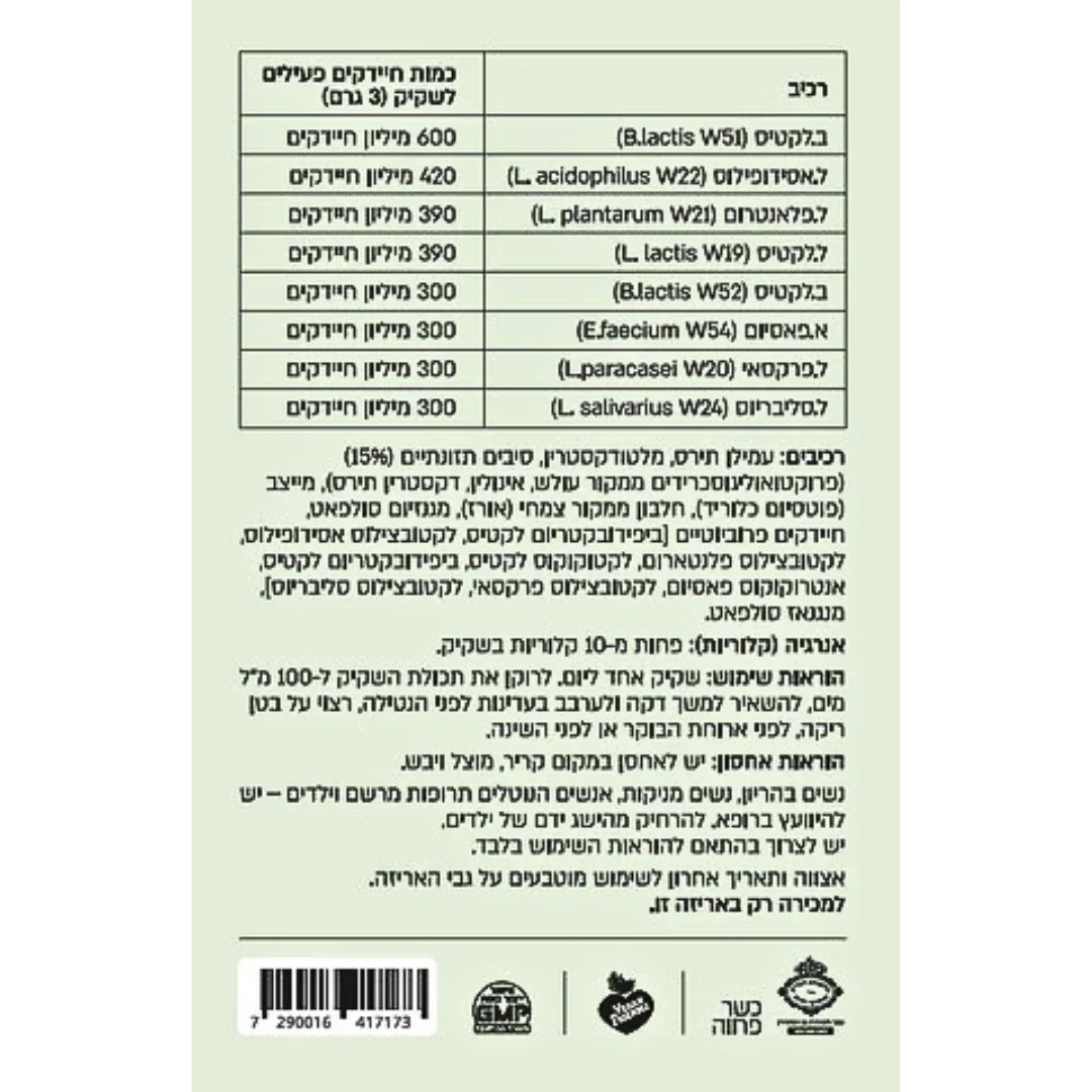 Back of the ecosupp BASE IT box showing the eight probiotic strains, ingredients and directions for use
