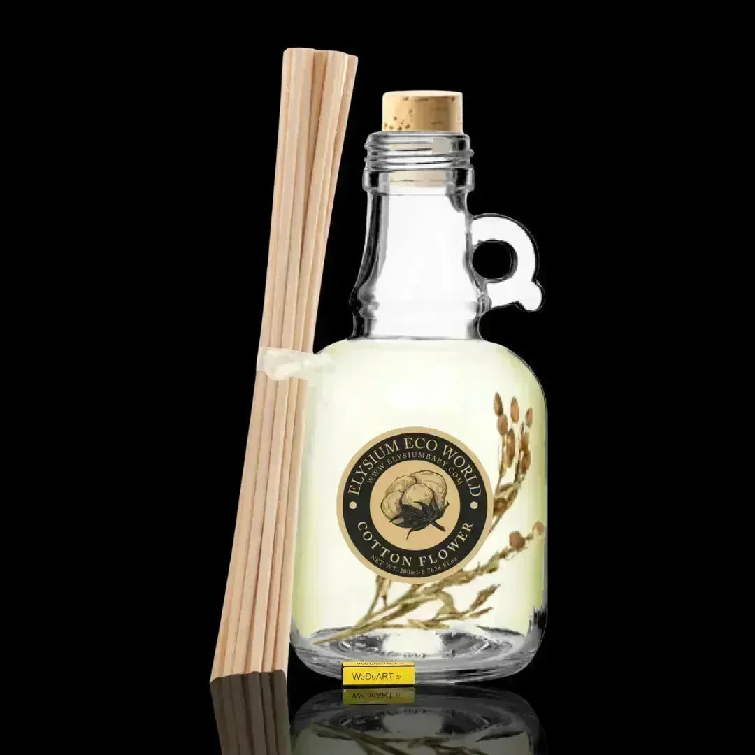 Elysium-Baby 200 ml glass room freshener bottle with cork stopper, Cotton Flower label and bamboo sticks