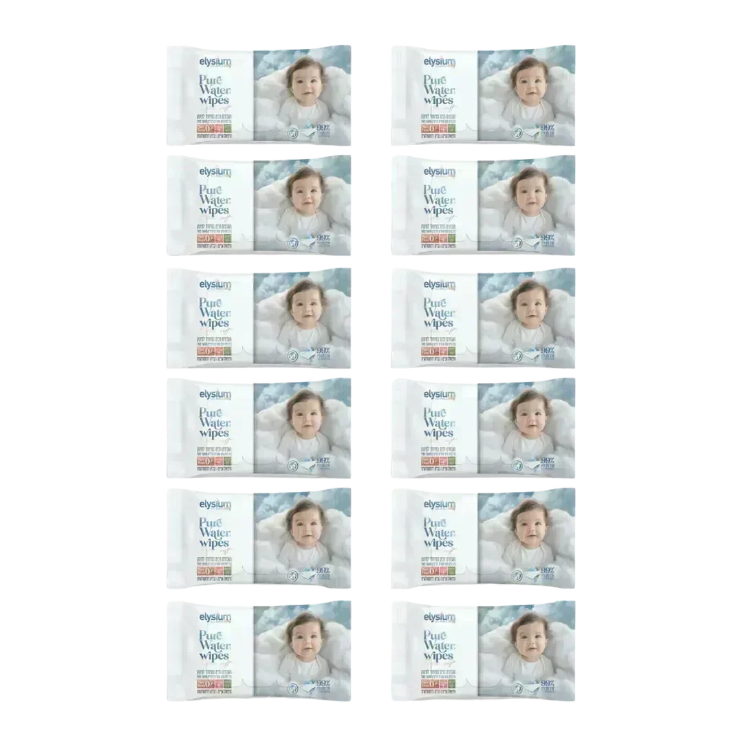 Twelve Elysium-Baby Pure Water wipes packs arranged in two columns