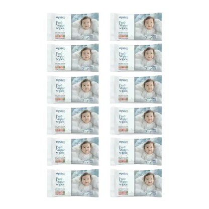 Twelve Elysium-Baby Pure Water wipes packs arranged in two columns
