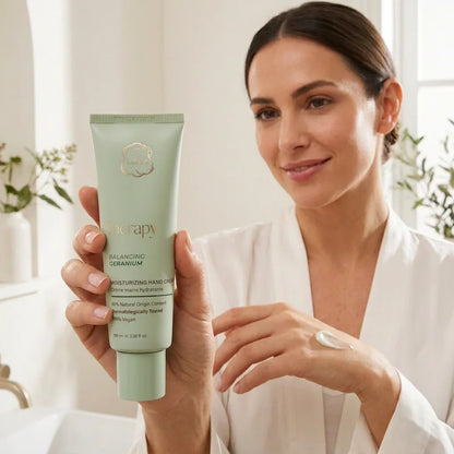 Woman holding a tube of Therapy Balancing Geranium Moisturizing Hand Cream.