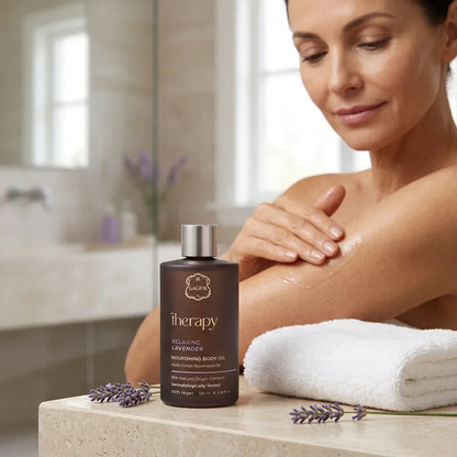 Woman applying Therapy Relaxing Lavender Nourishing Body Oil to her arm in a bright bathroom.