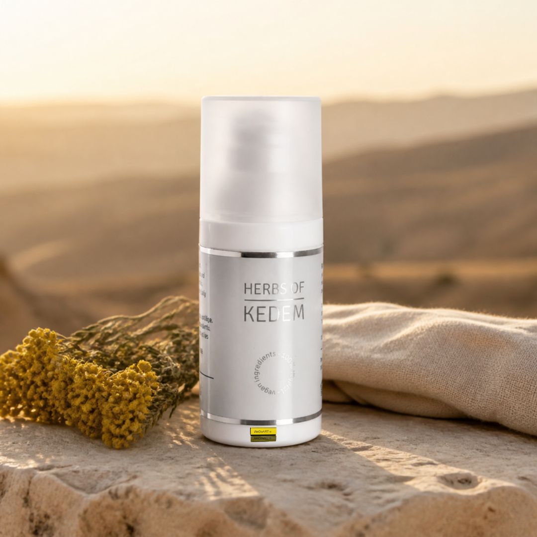 Herbs of Kedem eye cream 30 ml on a sunlit sandstone ledge with helichrysum flowers