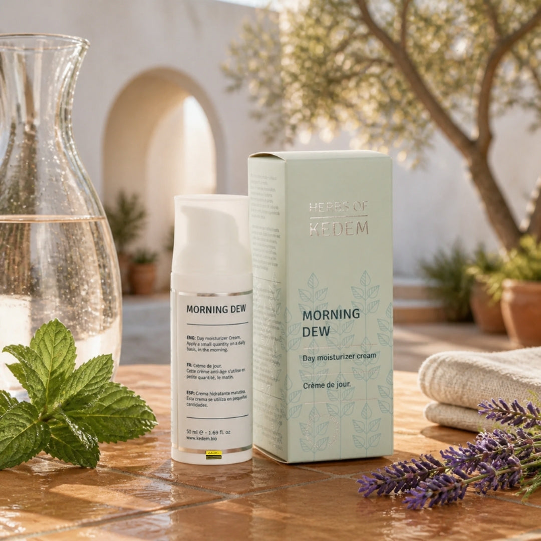 Herbs of Kedem Morning Dew day cream bottle and box on a sunlit terracotta table with mint and lavender