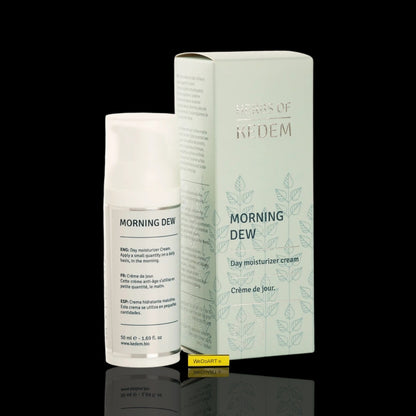 Herbs of Kedem Morning Dew day cream, 50 ml pump bottle and box, on a dark WEDOART-IL background