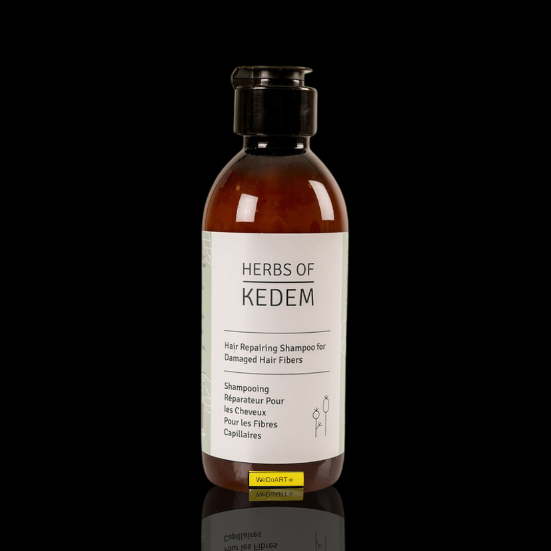 Herbs of Kedem restorative shampoo for damaged hair, 250 ml pump bottle, on a dark WEDOART-IL background