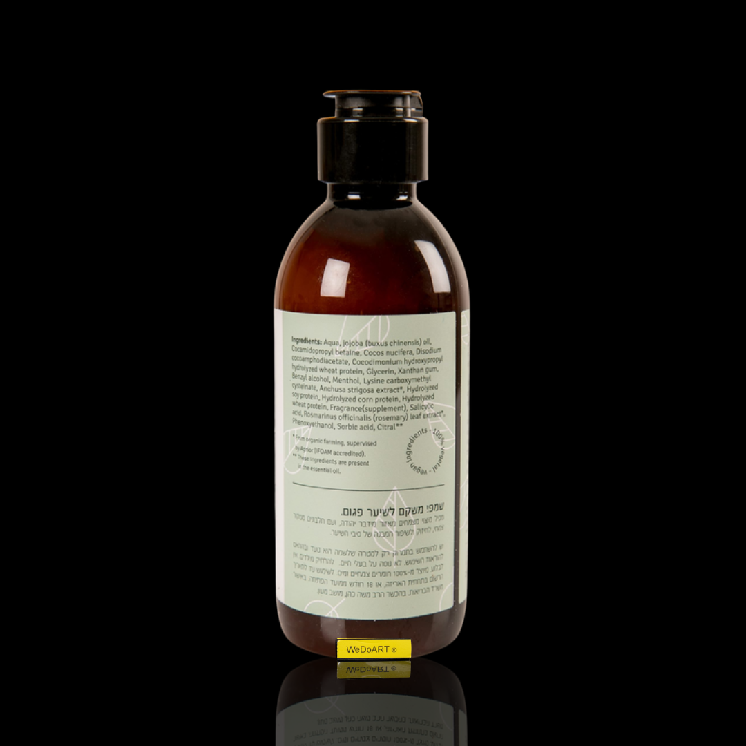 Back label of Herbs of Kedem restorative shampoo, 250 ml, showing the ingredient list, on a dark WEDOART-IL background