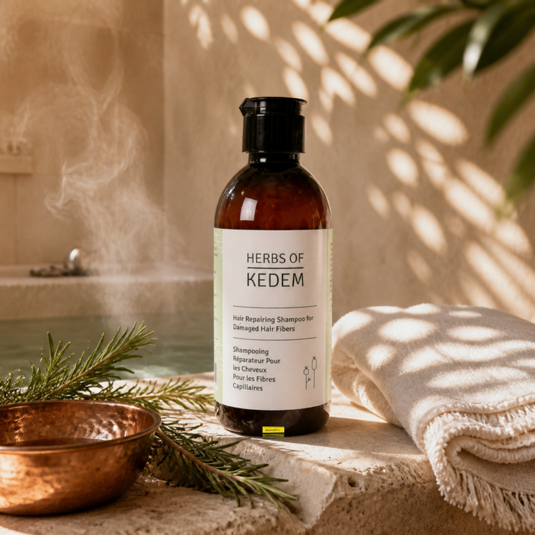 Herbs of Kedem restorative shampoo, 250 ml, on a travertine bench in a sunlit hammam-style spa with rosemary
