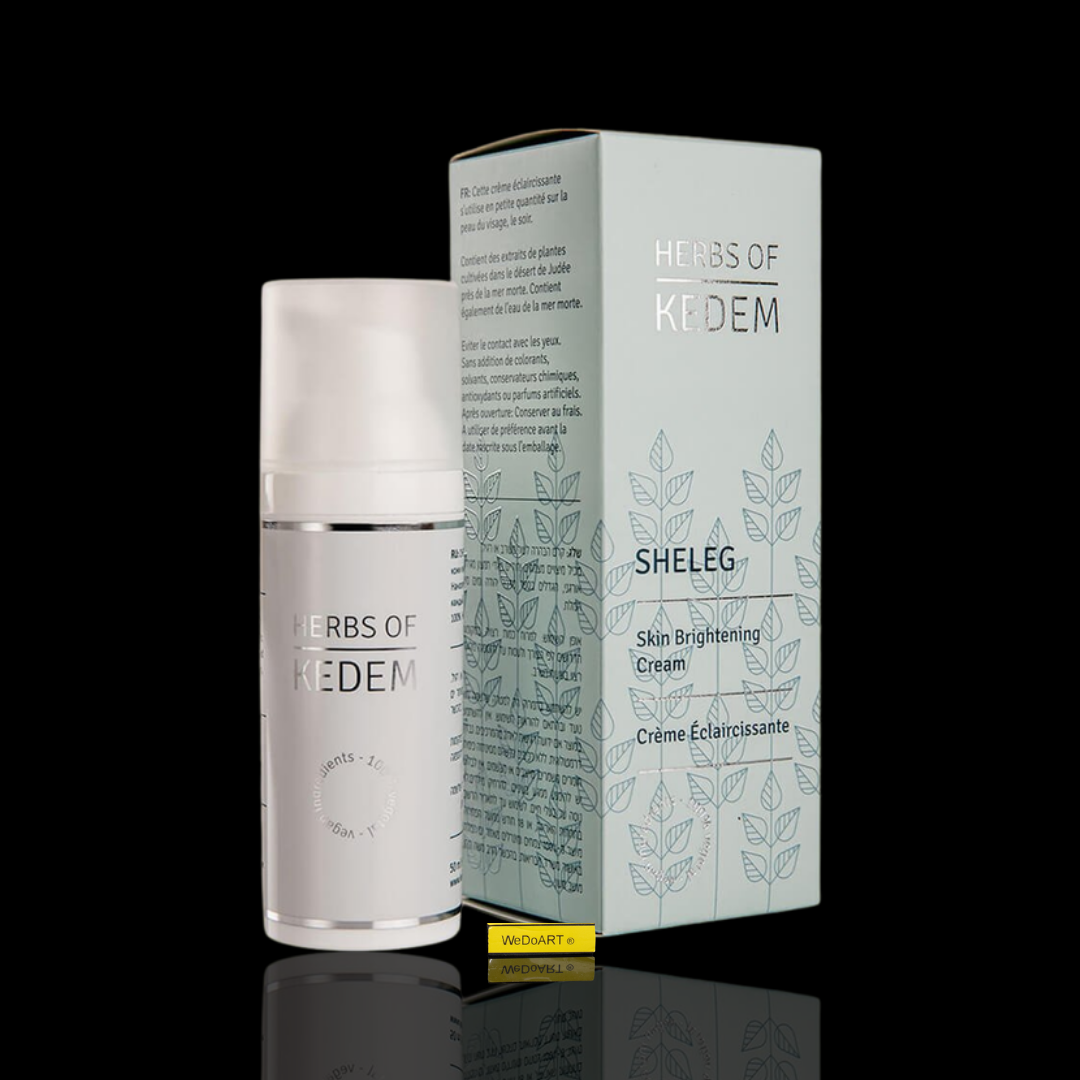 Herbs of Kedem Sheleg skin-brightening cream, 50 ml pump bottle and box, on a dark WEDOART-IL background